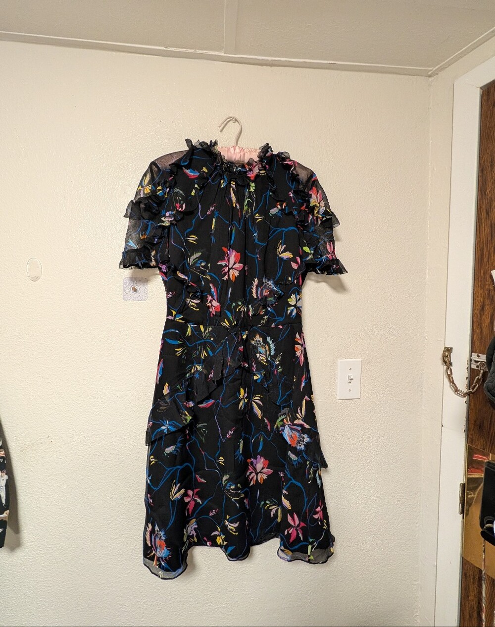 Jason Wu 100% Silk Black Floral Ruffle Short Sleeve Dress Sz 10